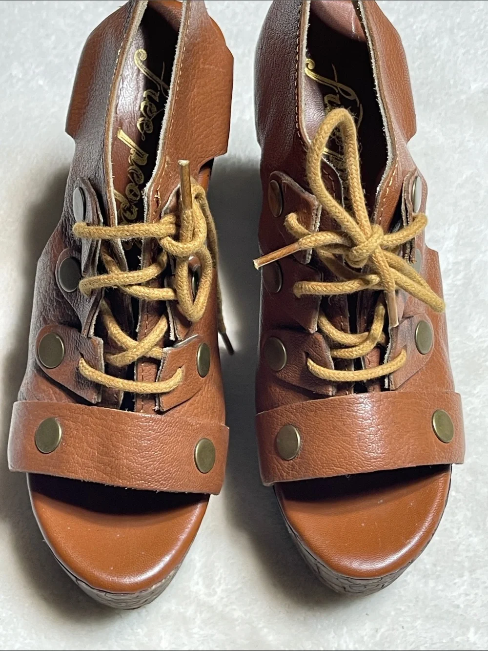 Free People Brown Leather Carved-Wood Platform Sandals Size 37